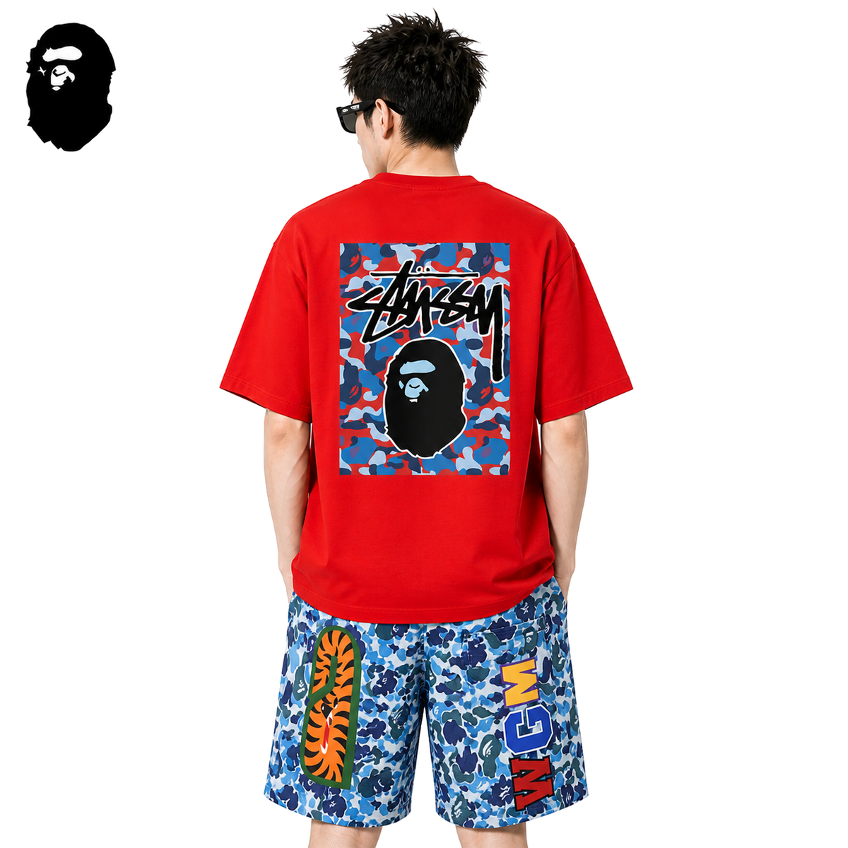 BAPE x Stussy Blue Camo Back Print Men's T-Shirt - Red - Red streetwear model on pure white background