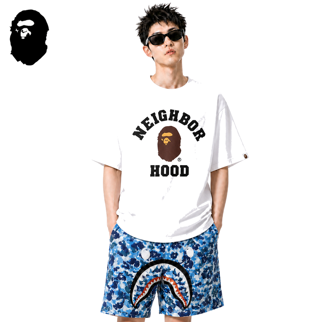 BAPE Neighborhood Ape Head Men's T-Shirt - White - White streetwear model on pure white background