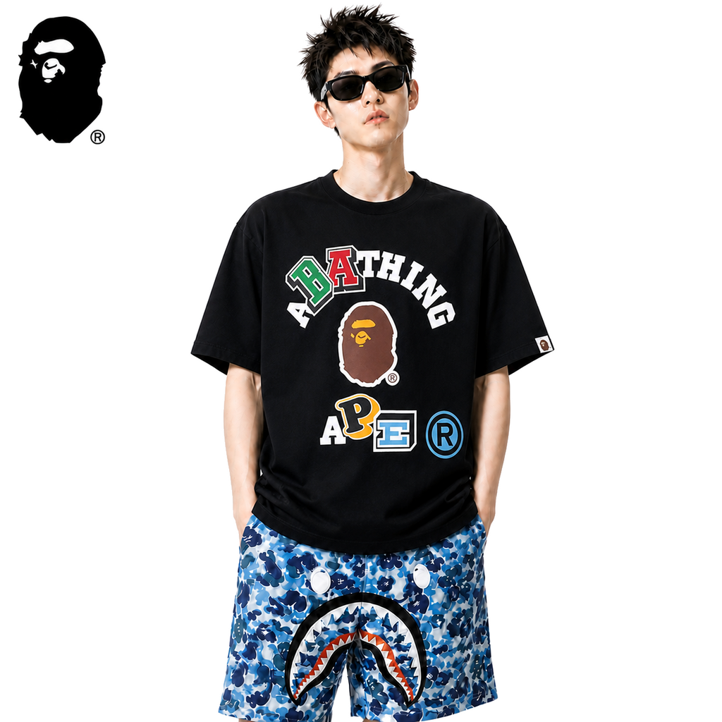 BAPE Multicolor College Ape Head Men's T-Shirt - Black - Black streetwear model on pure white background