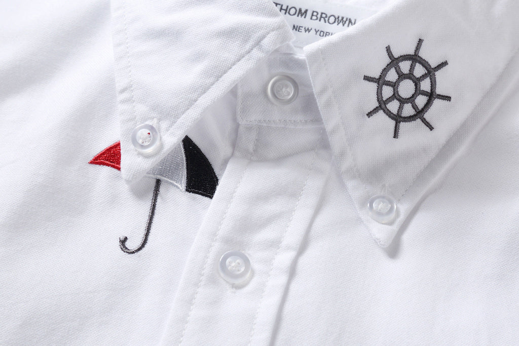 Men's Nautical Print Long-Sleeve Shirt — White & Blue by Thom Browne, shirt detail view