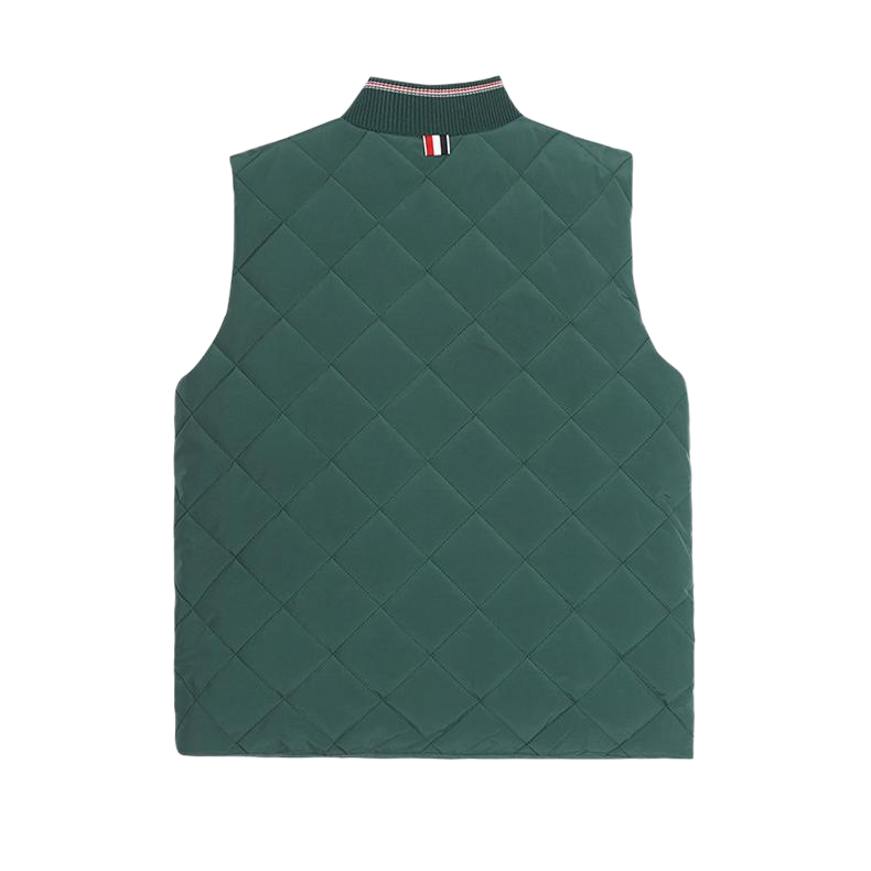Unisex sleeveless vest jacket by Thom Browne, outerwear detail view