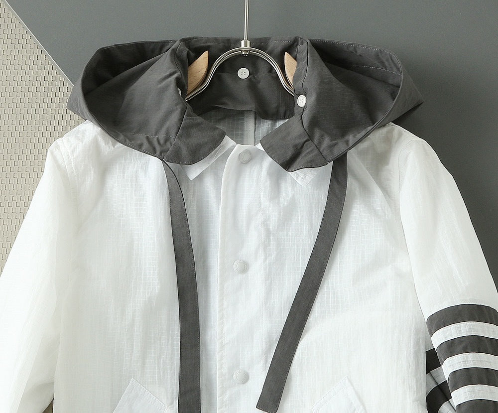 Thom Browne Unisex Detachable-Hood Jacket with Four-Bar Stripes