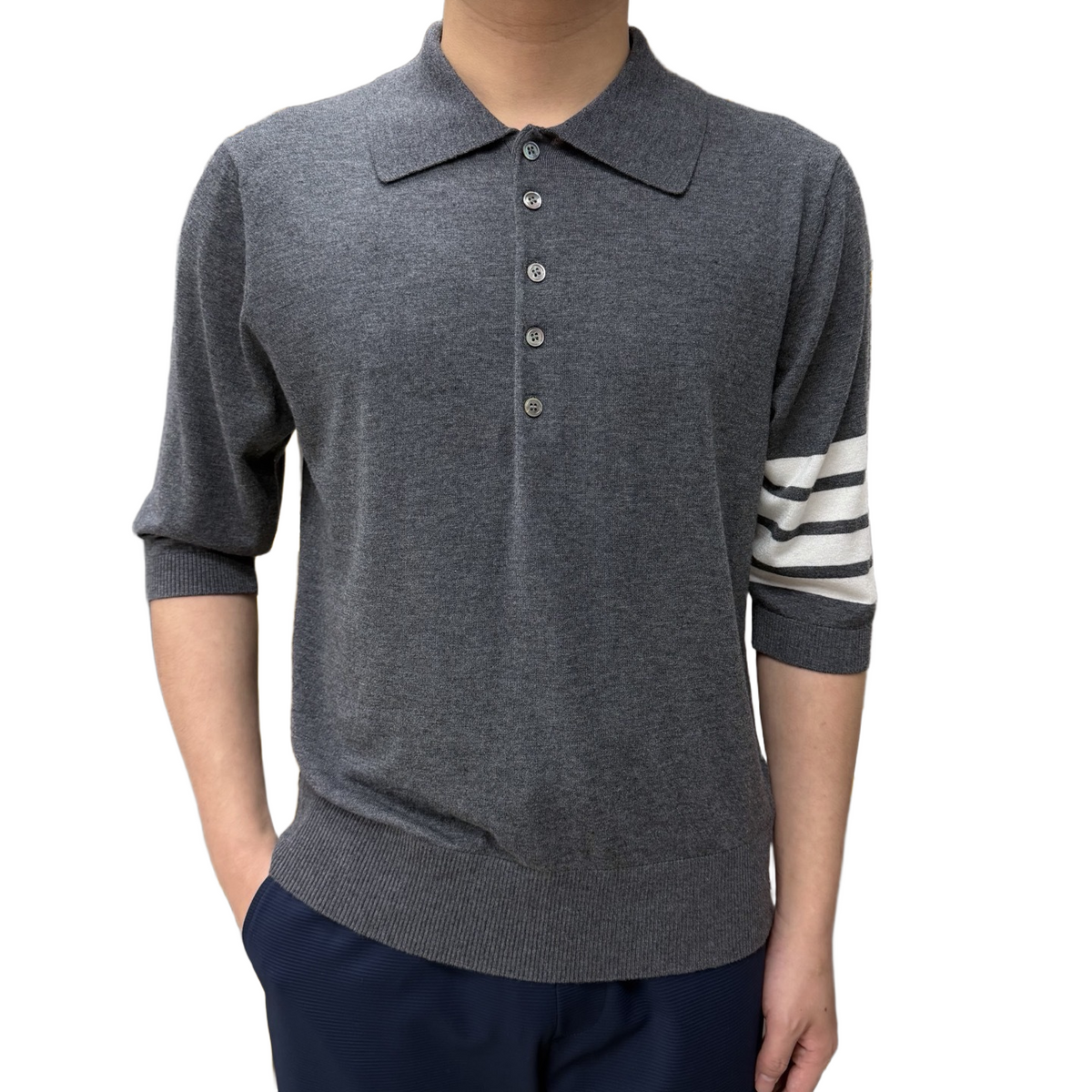Four-Bar Polo Collar Short Sleeve Shirt by Thom Browne, product detail view