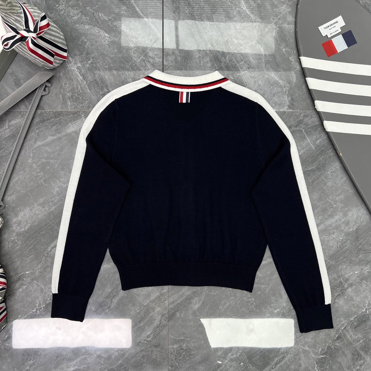 Thom Browne Style Contrast-Stripe Zip-Up Knit Jacket
