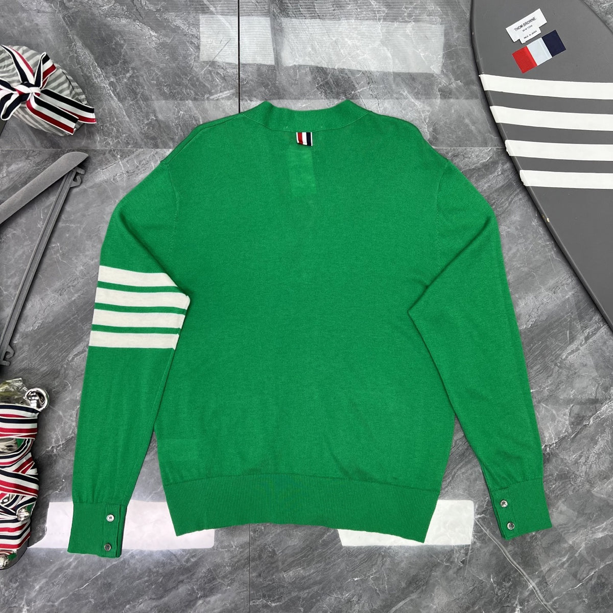 Thom Browne Unisex V-Neck Knit Cardigan with Four-Bar Stripes