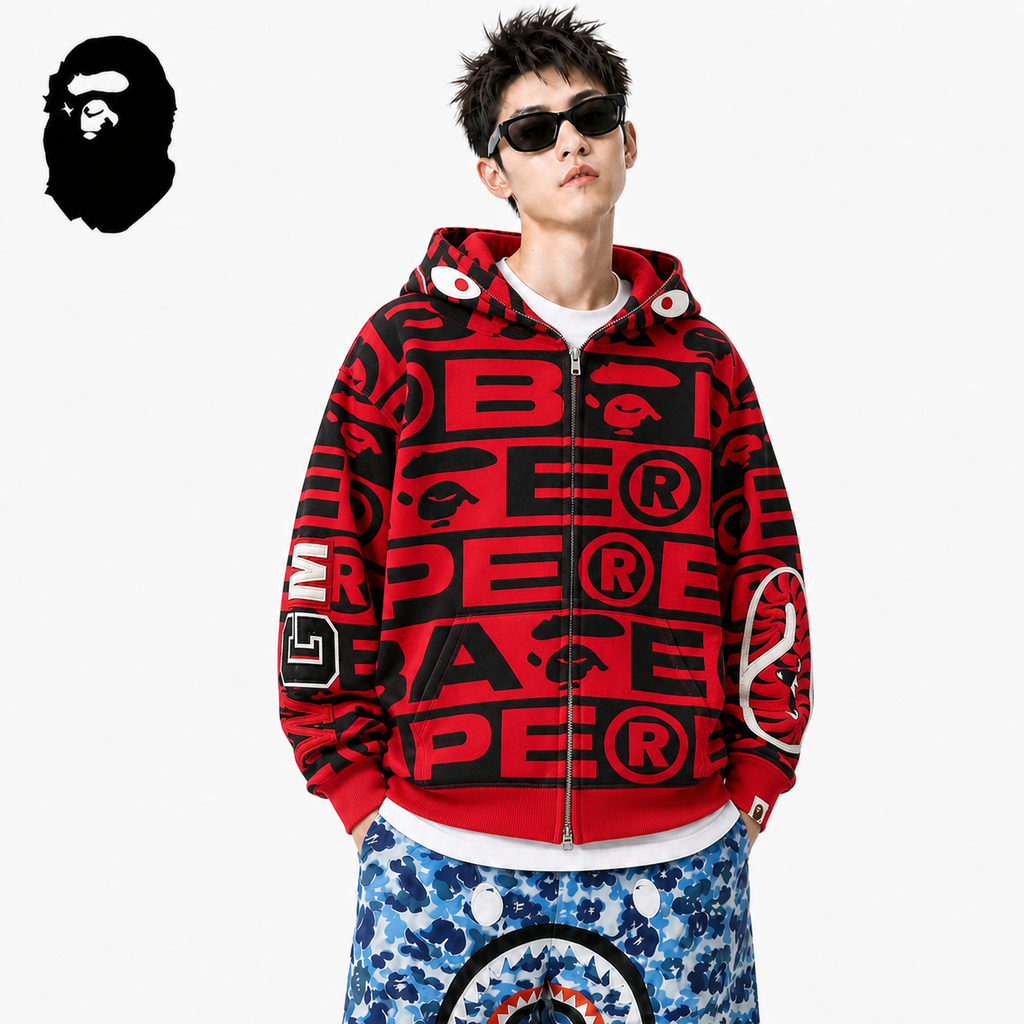 BAPE All-Over Logo Shark Zip Hoodie styled on a male model