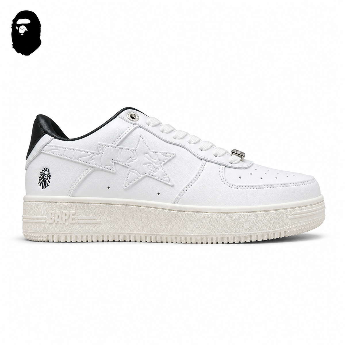 BAPE STA Tokyo Low-Top Sneakers - Triple White, single side view on a white background