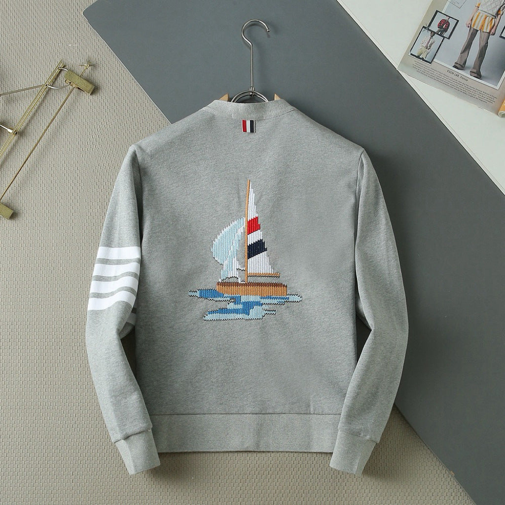 Thom Browne Unisex Sailboat V-Neck Cardigan with Four-Bar Stripes