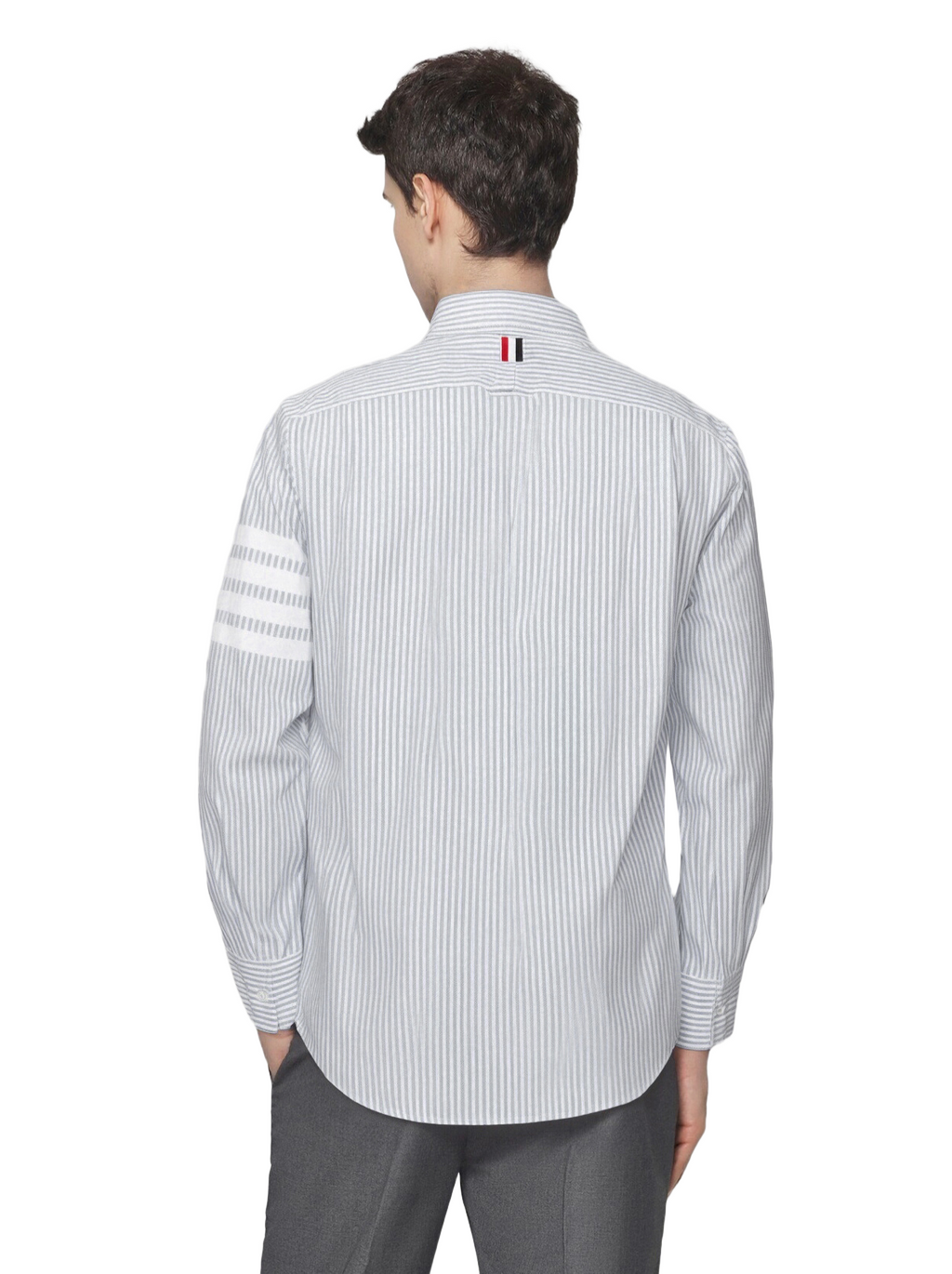 Men's Striped Long-Sleeve Shirt — Classic Button Collar by Thom Browne, shirt detail view