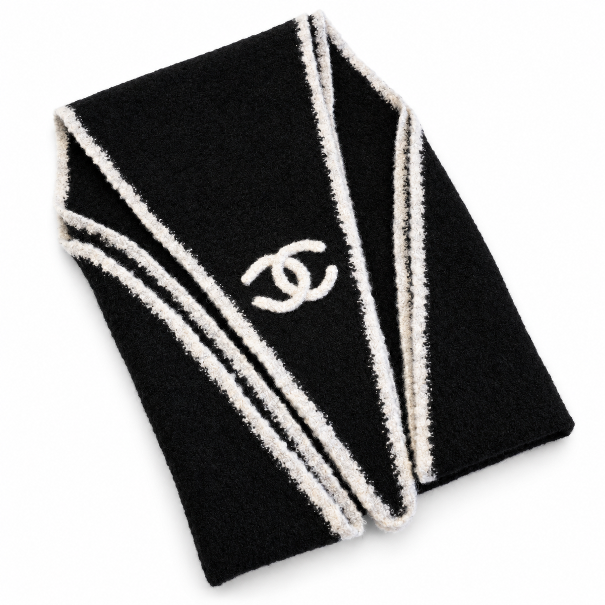 Chanel Style Fuzzy Triangle Knit Scarf in Black and Ivory