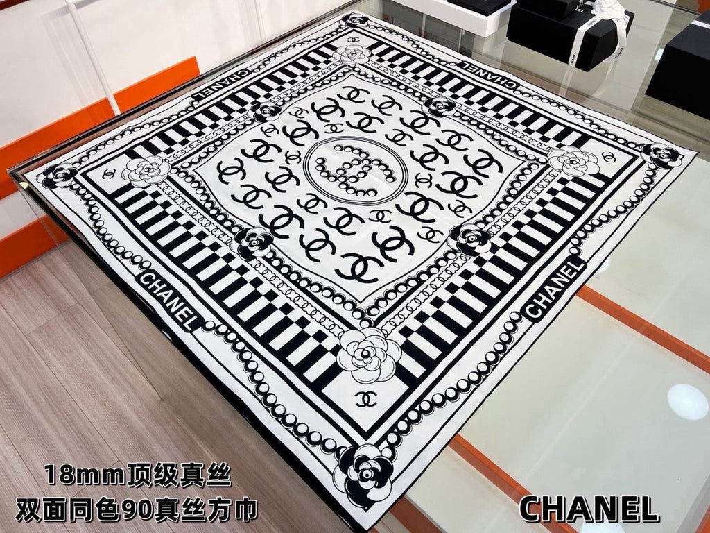 Chanel Style Logo Chain Print Silk Scarf - Black White - Detail Image 2