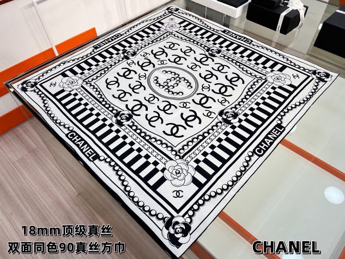 Chanel Style Logo Chain Print Silk Scarf - Black White - Detail Image 2