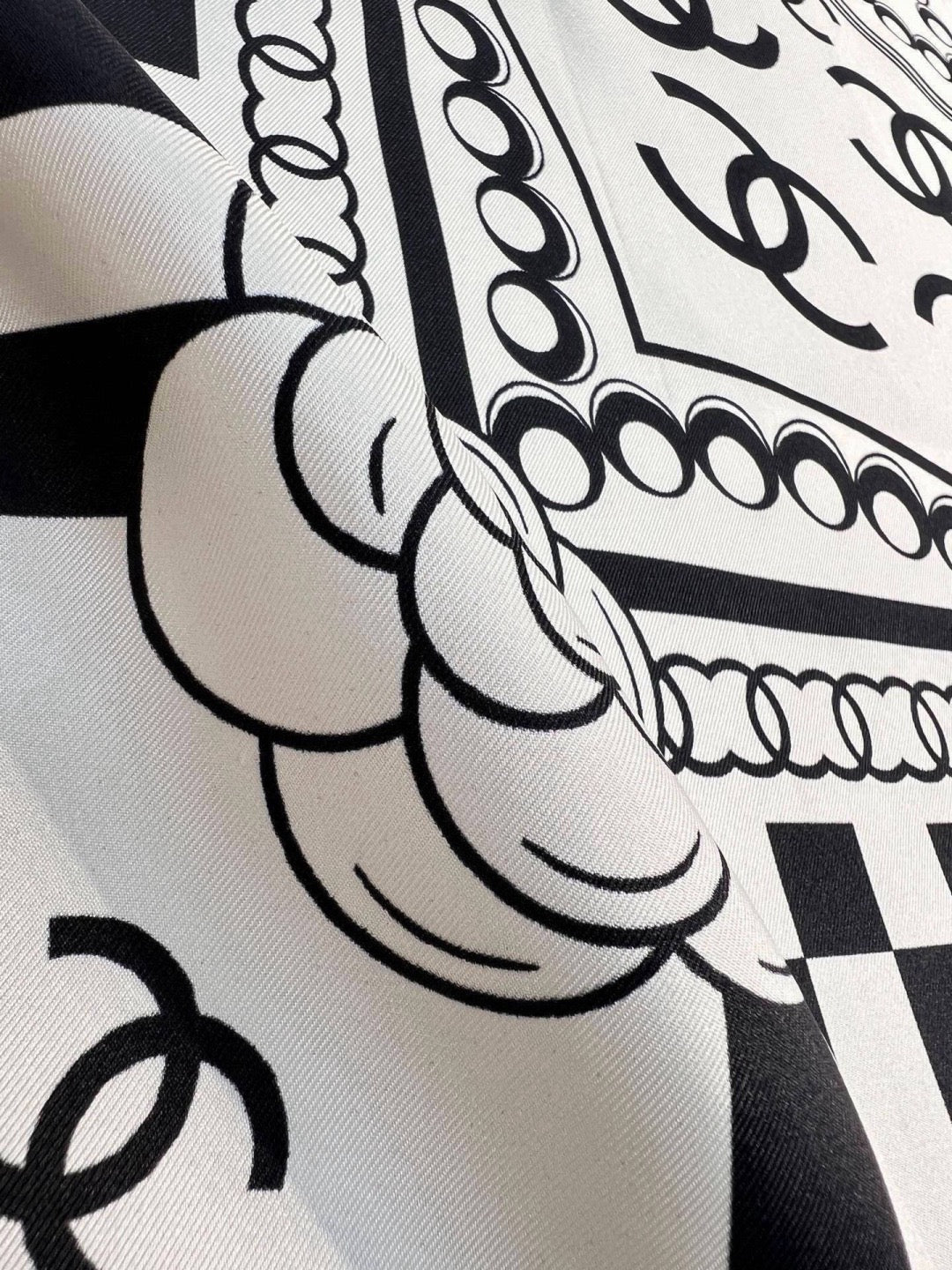 Chanel Style Logo Chain Print Silk Scarf - Black White - Detail Image 6