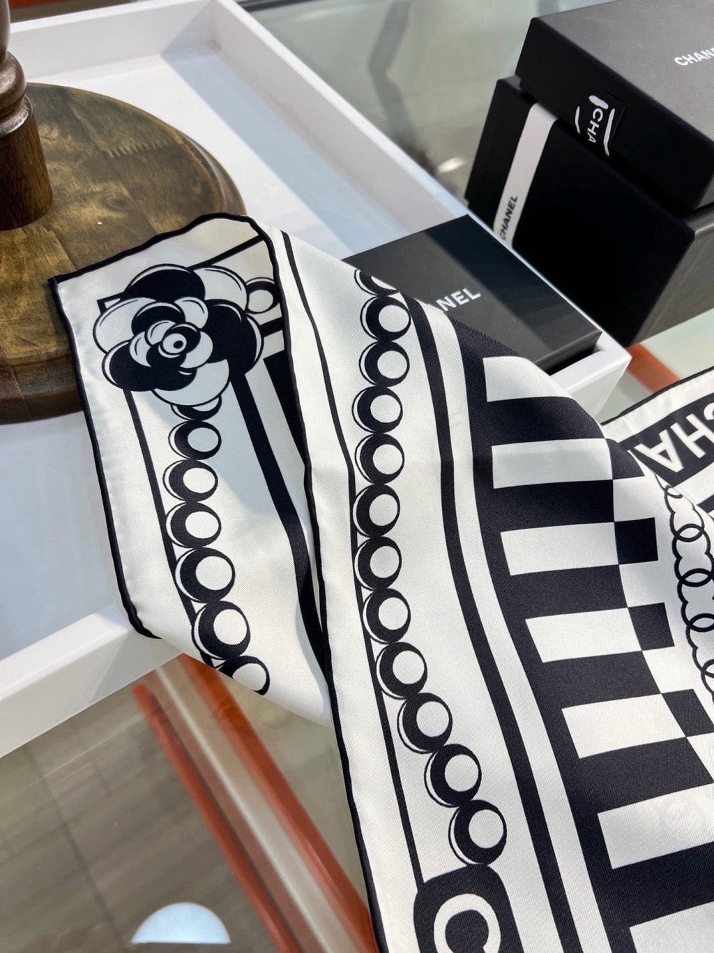 Chanel Style Logo Chain Print Silk Scarf - Black White - Detail Image 8