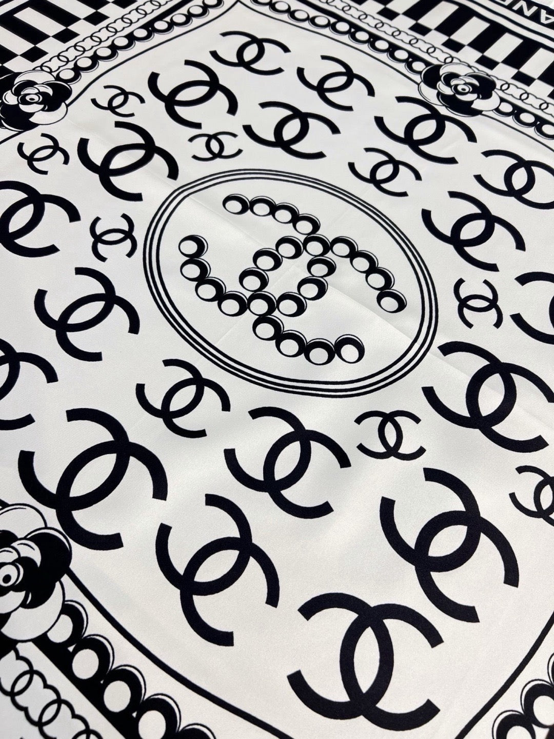 Chanel Style Logo Chain Print Silk Scarf - Black White - Detail Image 9