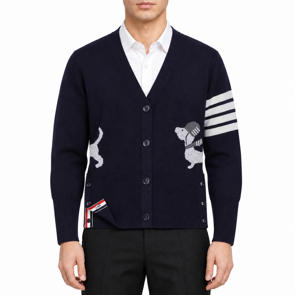 Unisex Puppy Cardigan by Thom Browne, modeled on a pure white background