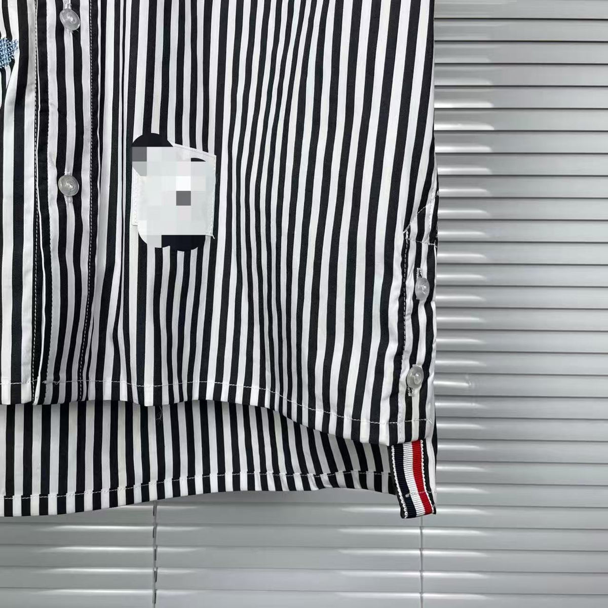 Striped Sailboat Embroidered Shirt — Unisex Short-Sleeve by Thom Browne, shirt detail view