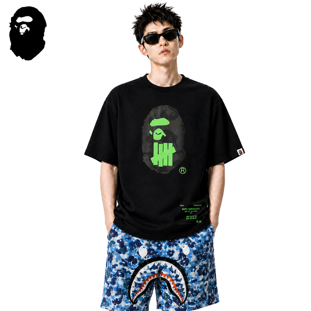 BAPE Green Block Camo Ape Head Men's T-Shirt - Black - Black streetwear model on pure white background