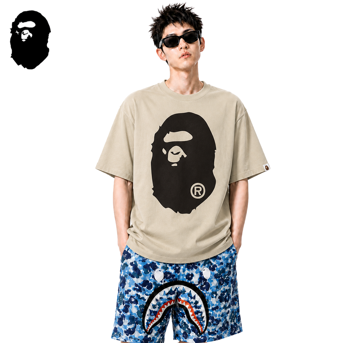 BAPE Brown Ape Head Men's Graphic T-Shirt - Apricot - Apricot streetwear model on pure white background
