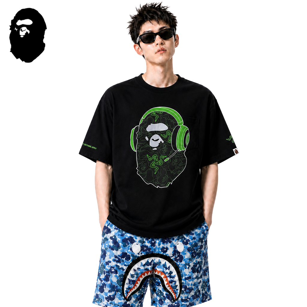 BAPE x Razer Headphones Ape Head Men's T-Shirt - Black - Black streetwear model on pure white background