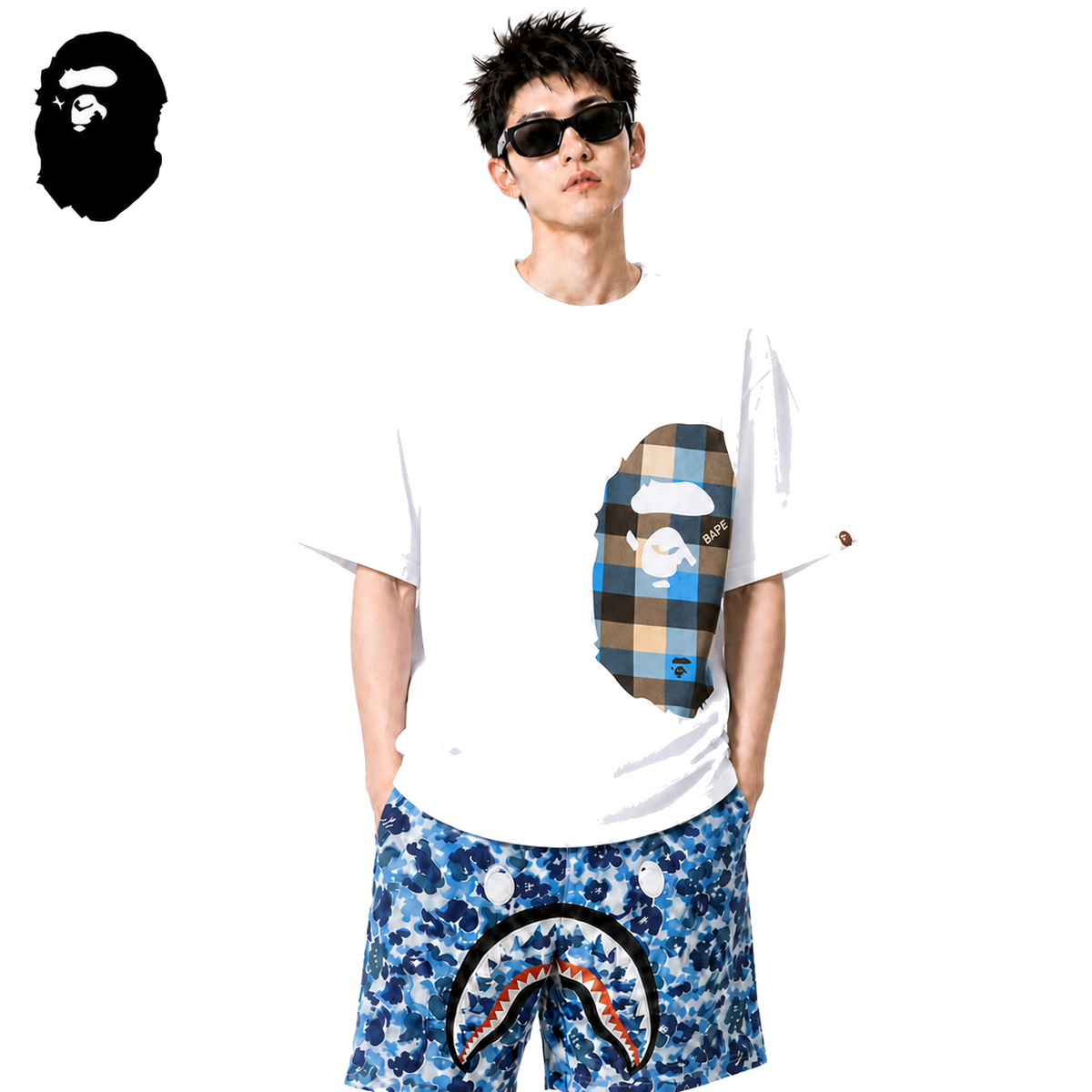 BAPE Blue Plaid Side Ape Head Men's T-Shirt - White - White streetwear model on pure white background