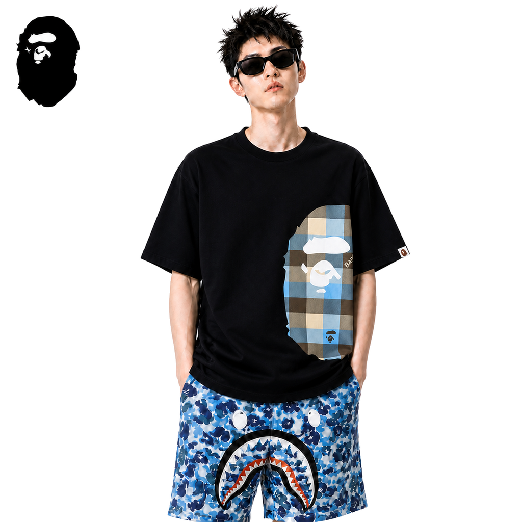 BAPE Blue Plaid Side Ape Head Men's T-Shirt - Black - Black streetwear model on pure white background