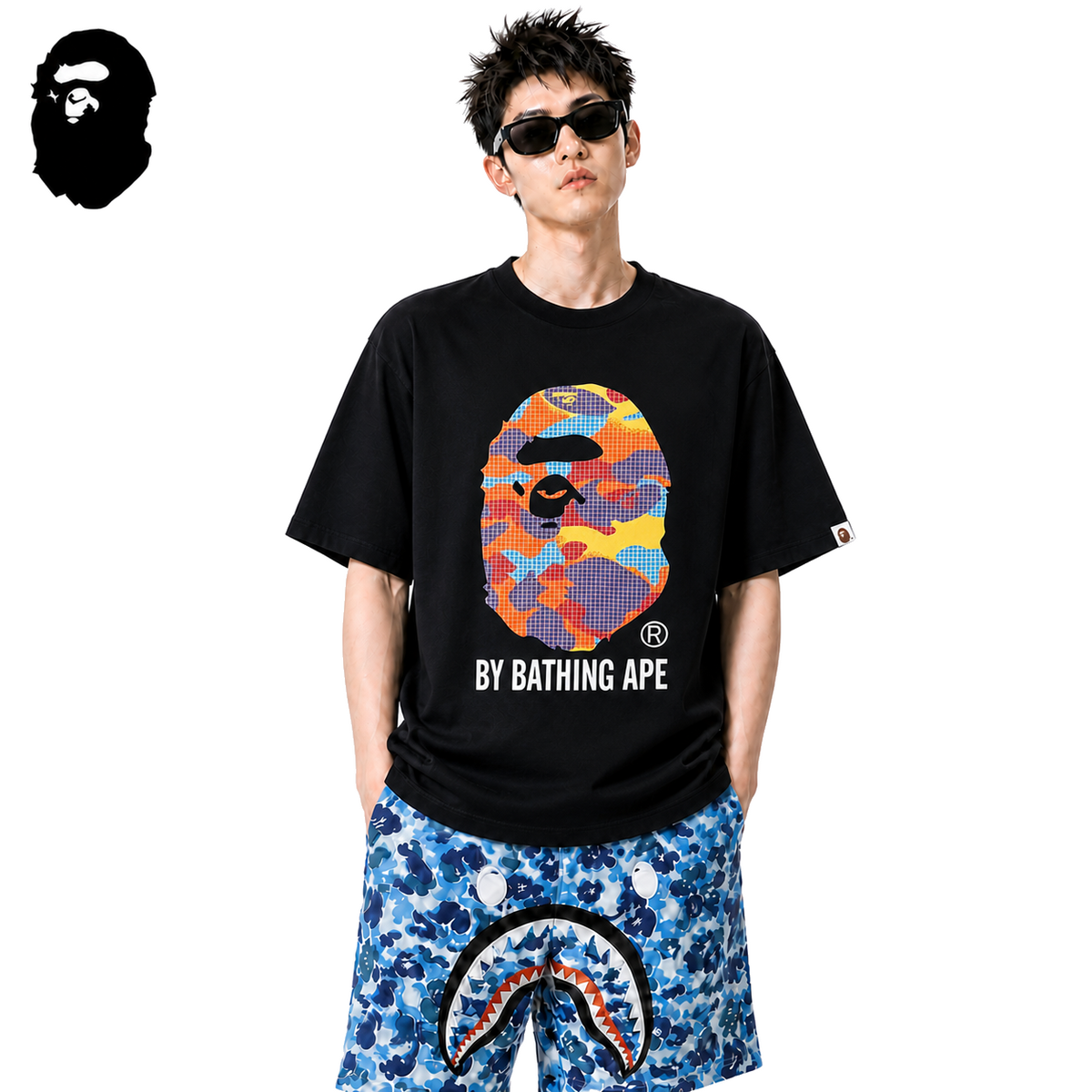 BAPE Mosaic Big Ape Head Men's T-Shirt - Black - Black streetwear model on pure white background
