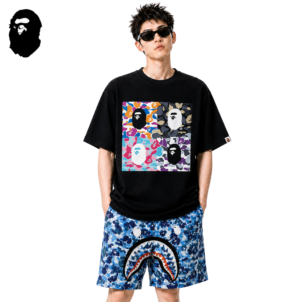 BAPE Pop Art Ape Head Front & Back Men's T-Shirt - Black - Black streetwear model on pure white background