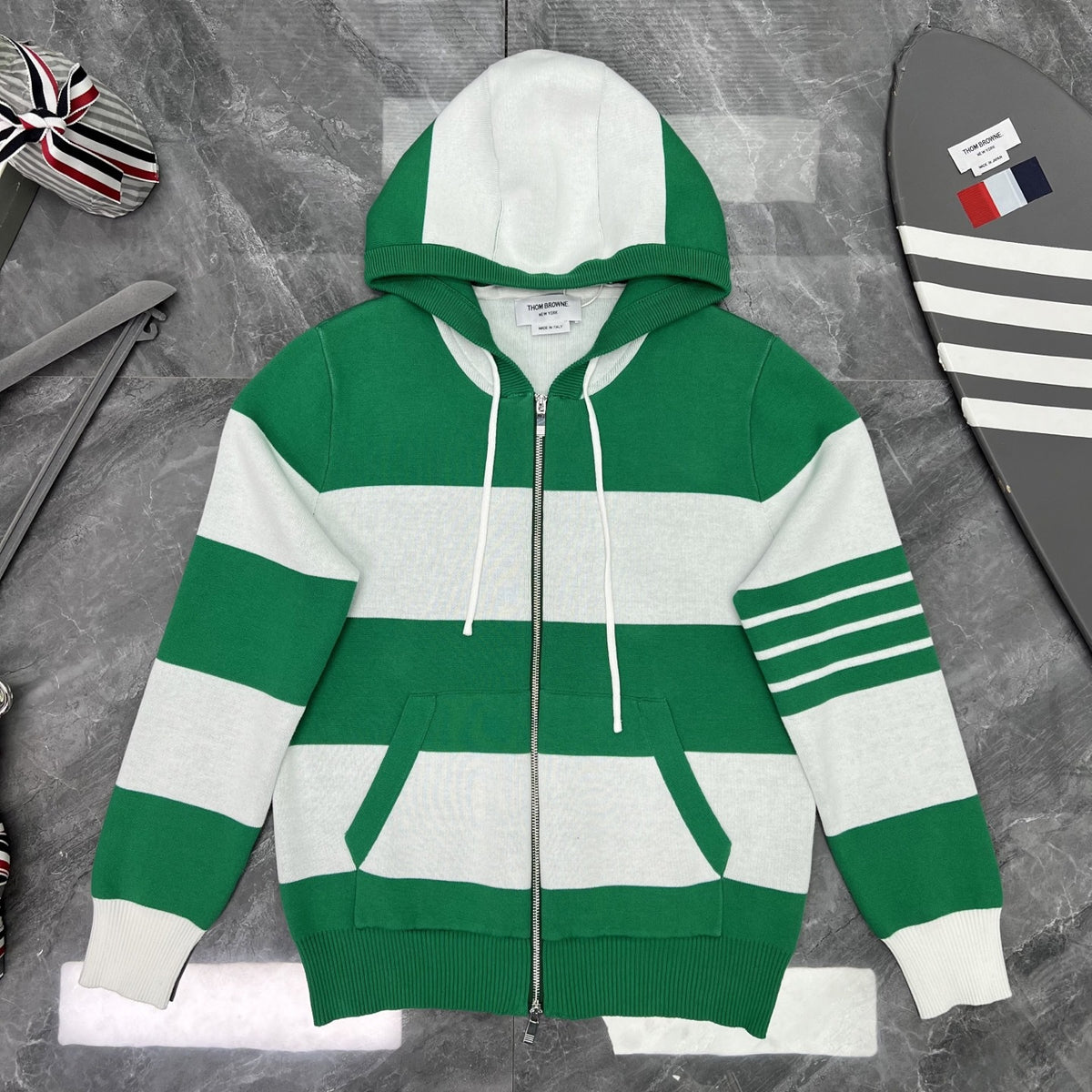 Thom Browne Style Striped Dog-Motif Zip-Up Knit Hoodie