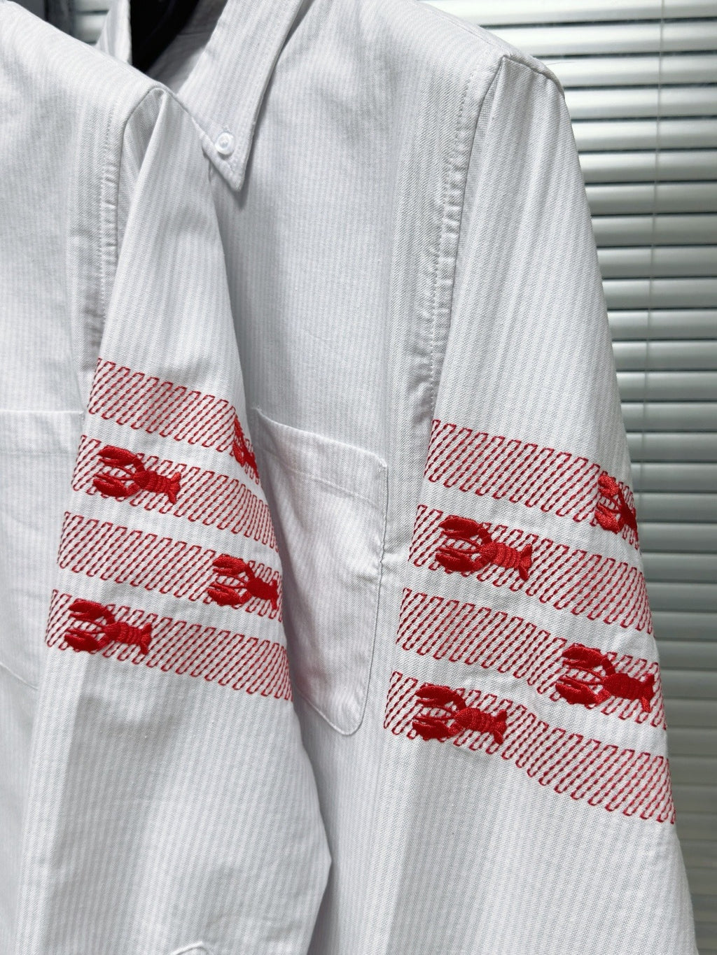 Thom Browne Men's Fine-Stripe Shirt with Lobster Four-Bar Embroidery