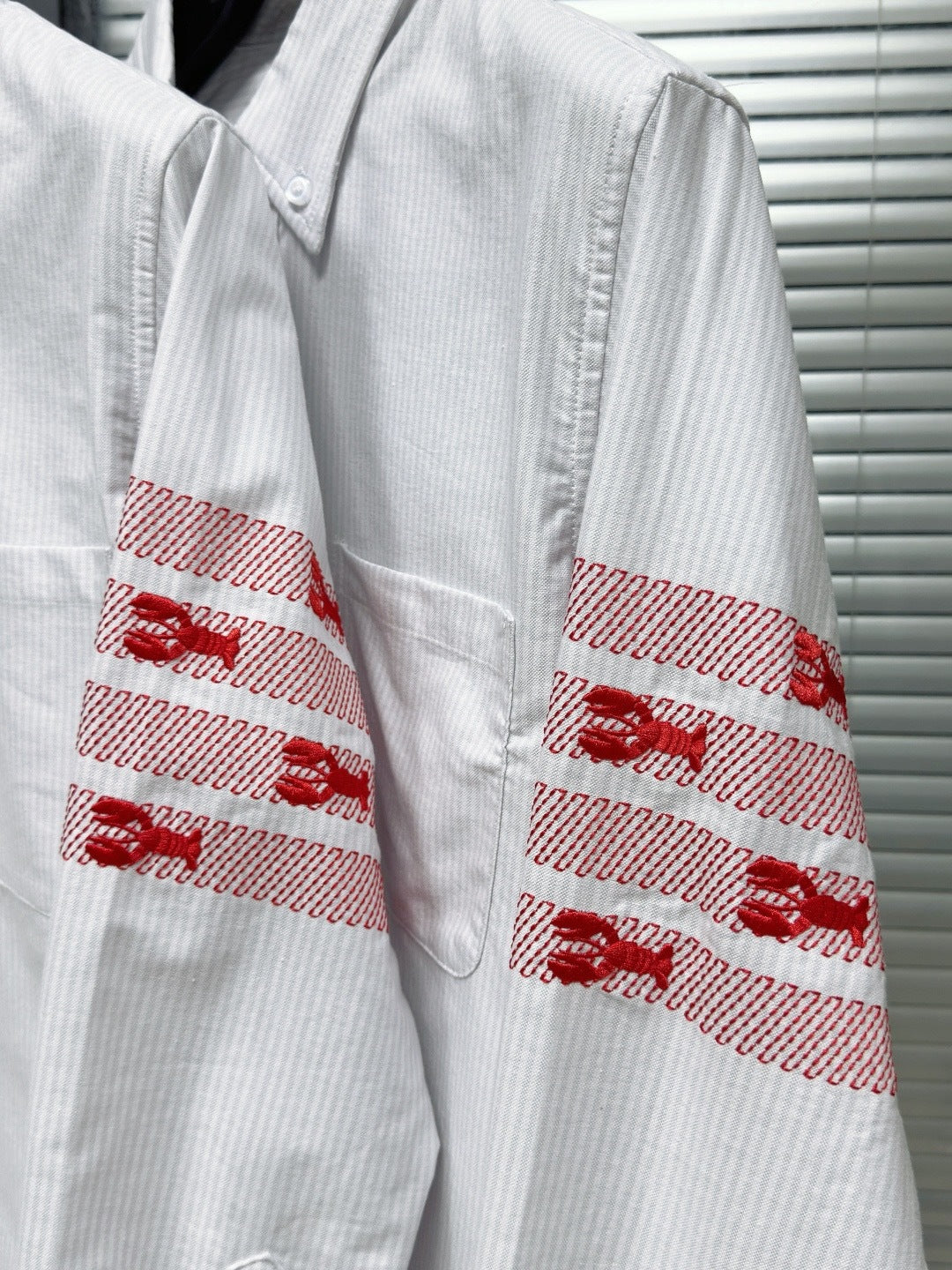 Thom Browne Men's Fine-Stripe Shirt with Lobster Four-Bar Embroidery