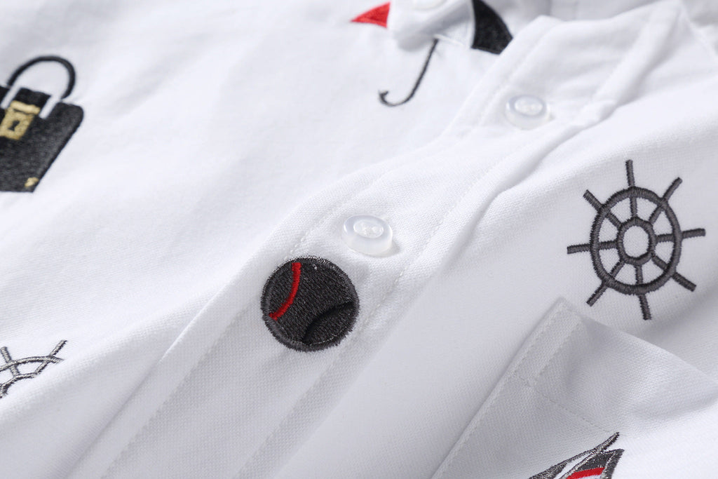 Men's Nautical Print Long-Sleeve Shirt — White & Blue by Thom Browne, shirt detail view
