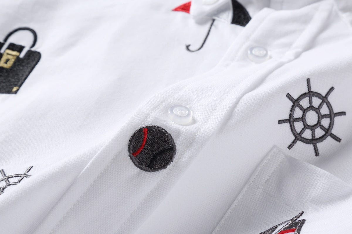 Men's Nautical Print Long-Sleeve Shirt — White & Blue by Thom Browne, shirt detail view