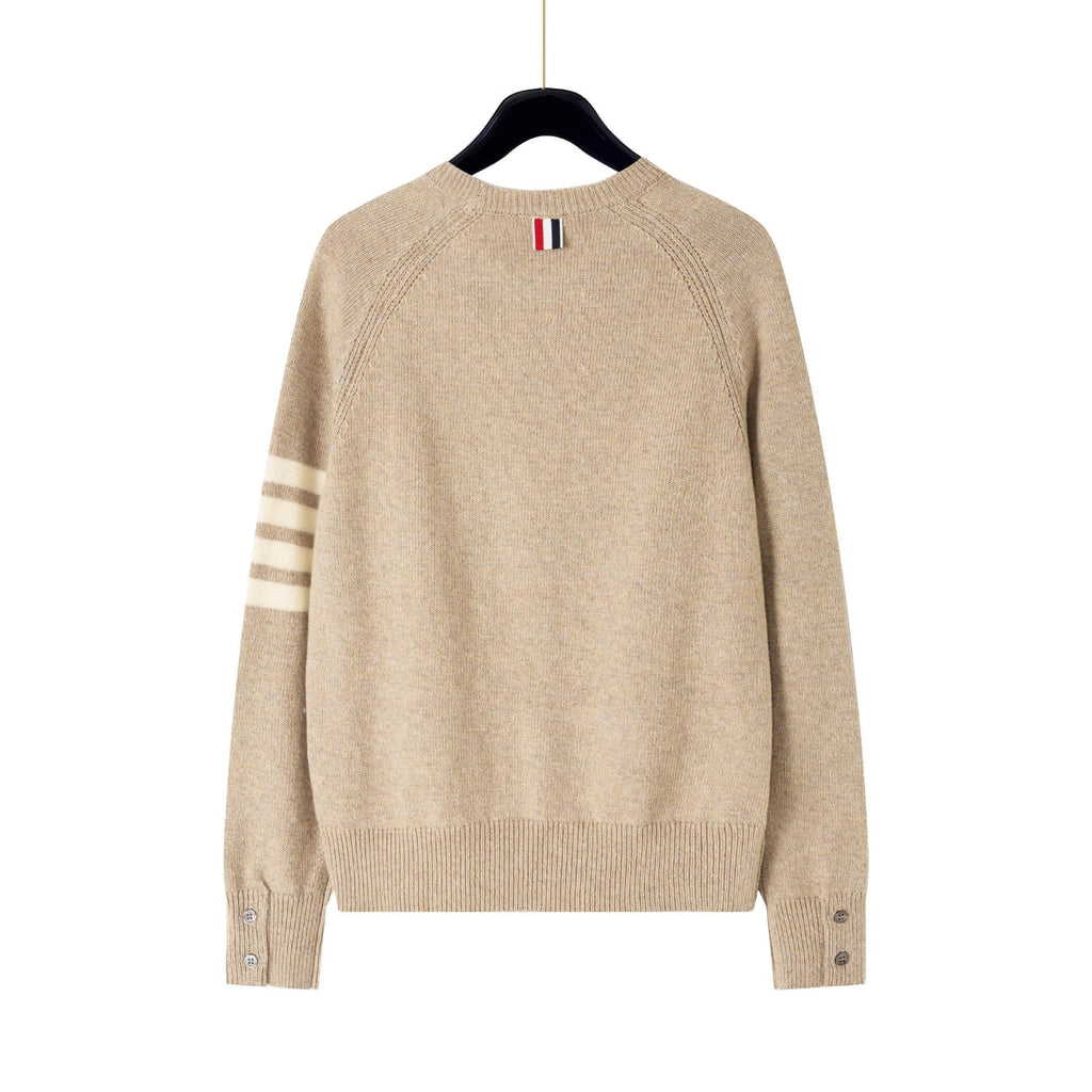 4 - Bar Cotton V - Neck Cardigan - Premium Khaki Knit Sweater by Thom Browne, knitwear detail view