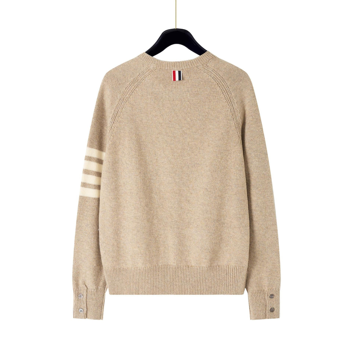 4 - Bar Cotton V - Neck Cardigan - Premium Khaki Knit Sweater by Thom Browne, knitwear detail view