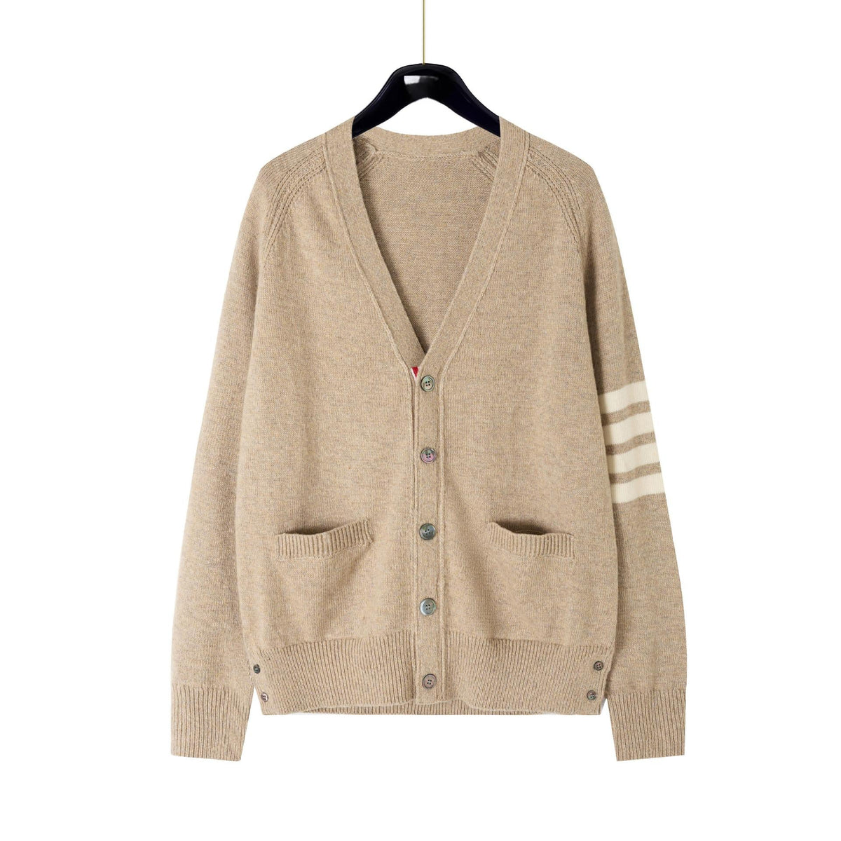 4 - Bar Premium Cotton V - Neck Cardigan - Classic Khaki Knit by Thom Browne, knitwear detail view