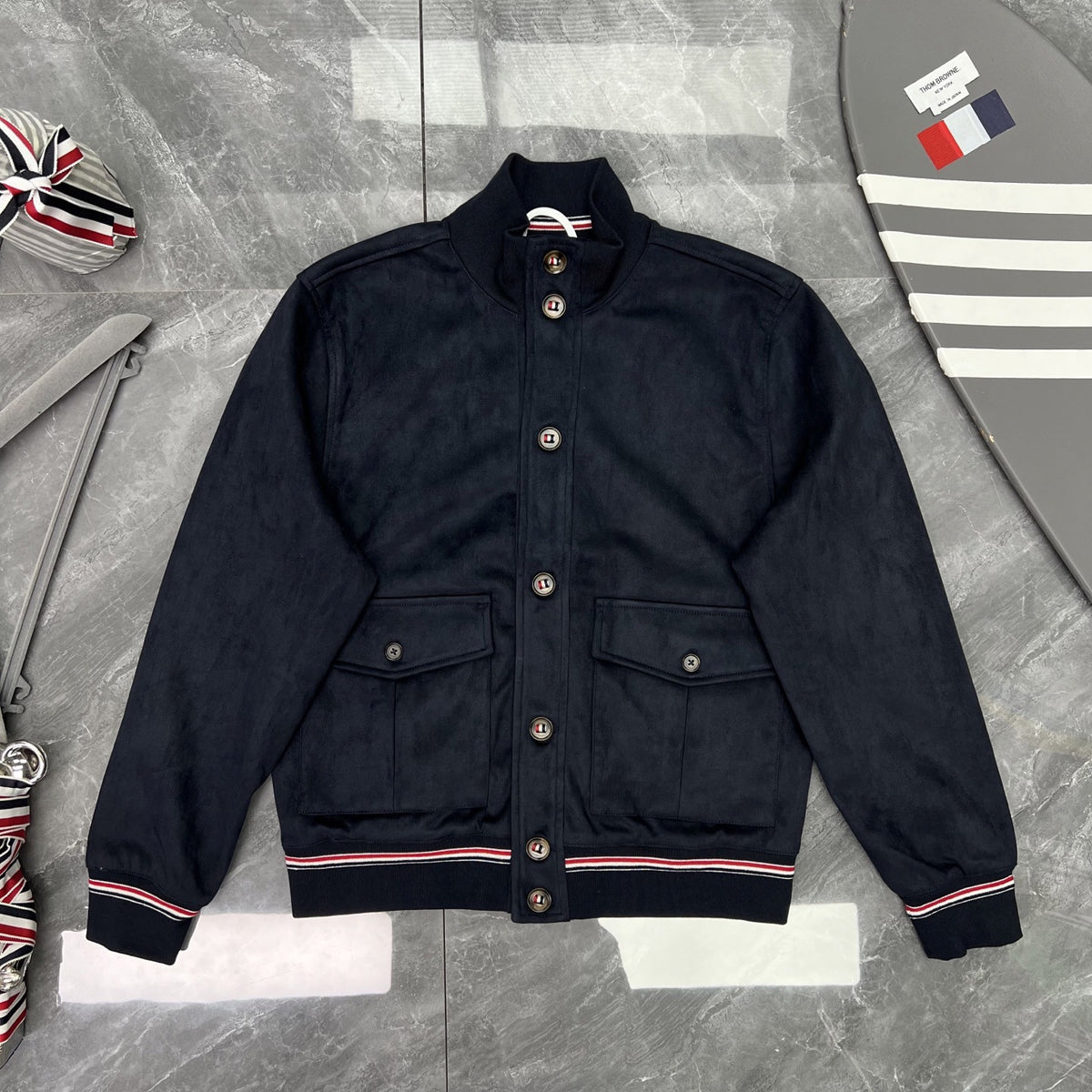 Thom Browne Men's Stand-Collar Button Jacket with Stripe Trim