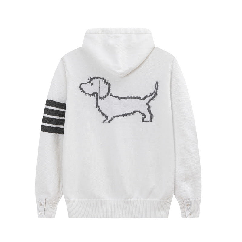 Back puppy hoodie by Thom Browne, outerwear detail view