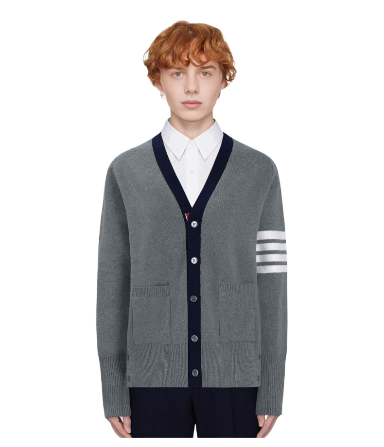 Unisex cardigan by Thom Browne, knitwear detail view