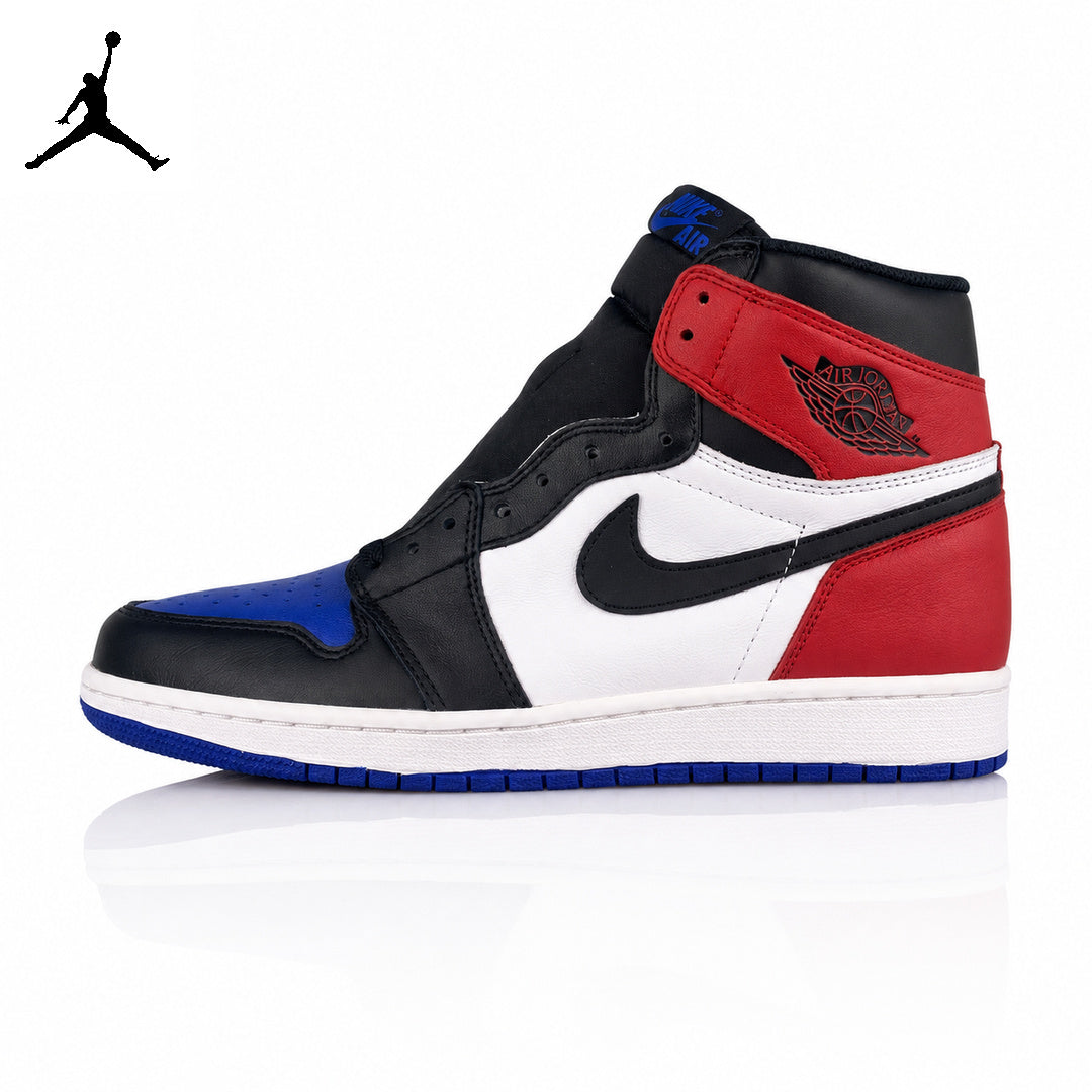 Air Jordan 1 High White, Blue, and Red Asymmetrical Pair Unisex Sneakers main product view