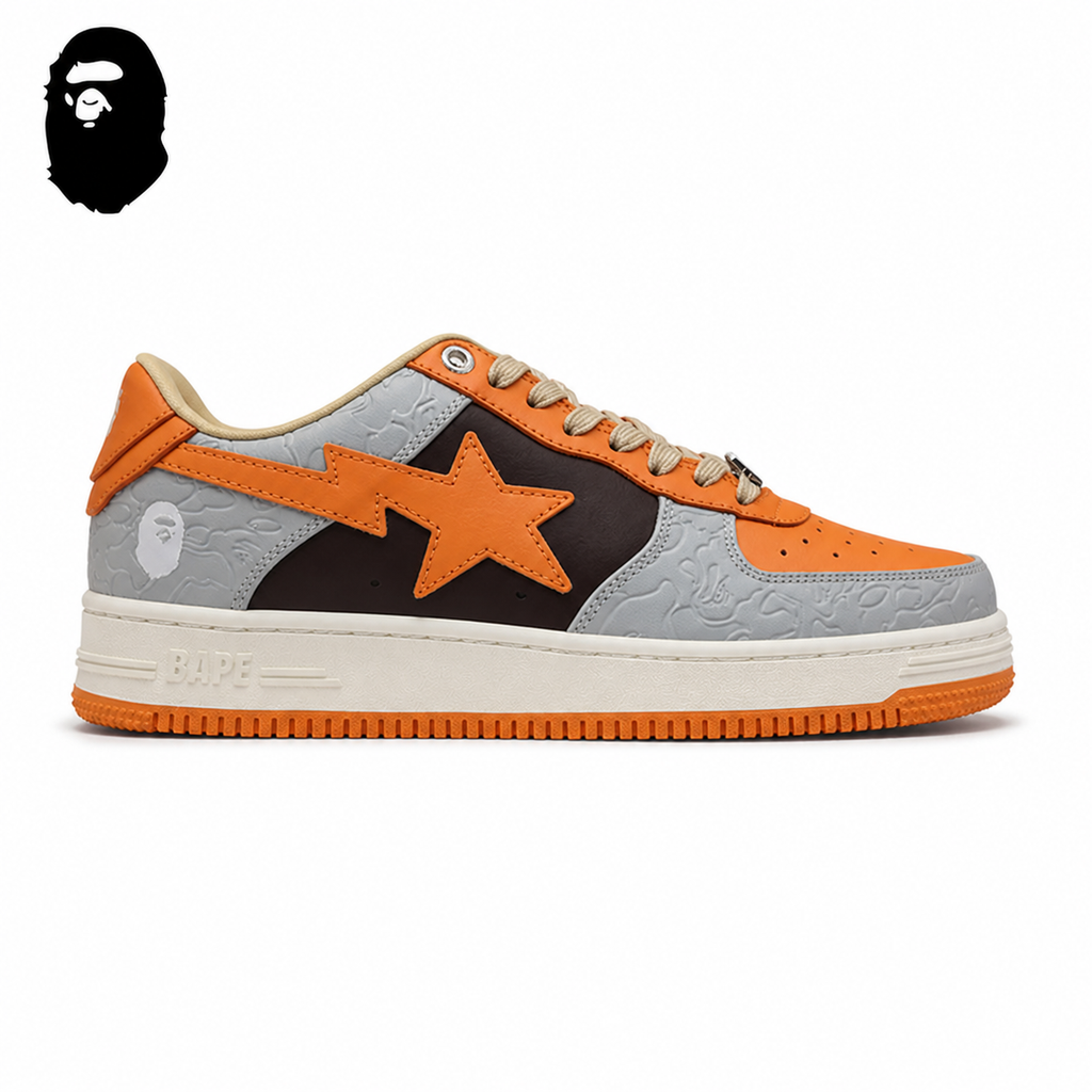 BAPE STA Tokyo Low-Top Sneakers - Gray/Orange, single side view on a white background
