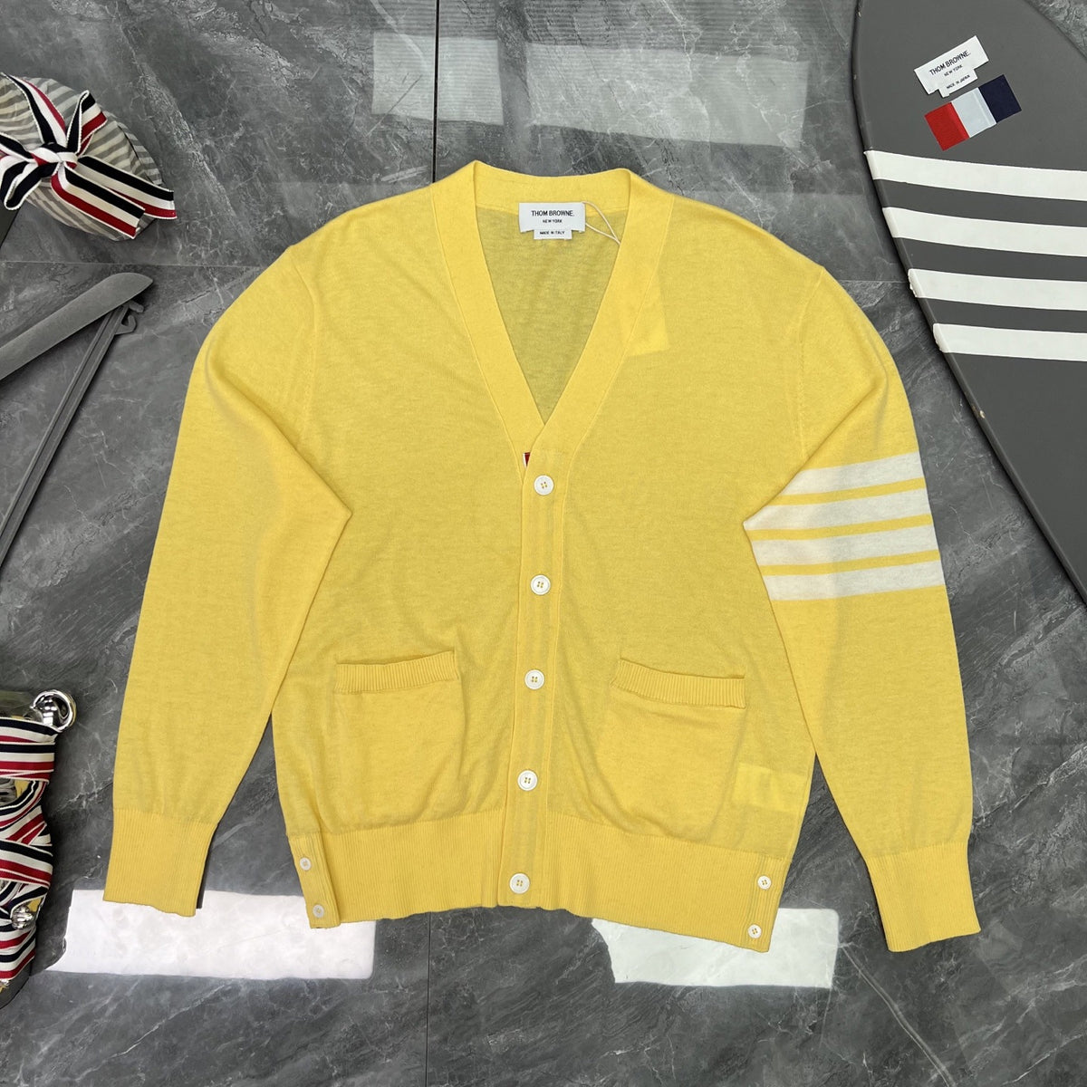 Thom Browne Unisex V-Neck Knit Cardigan with Four-Bar Stripes