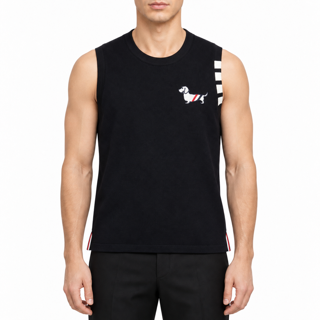 sleeveless T-shirt by Thom Browne, modeled on a pure white background