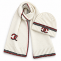 Chanel Style Contrast-Trim Scarf and Beanie Set in Ivory