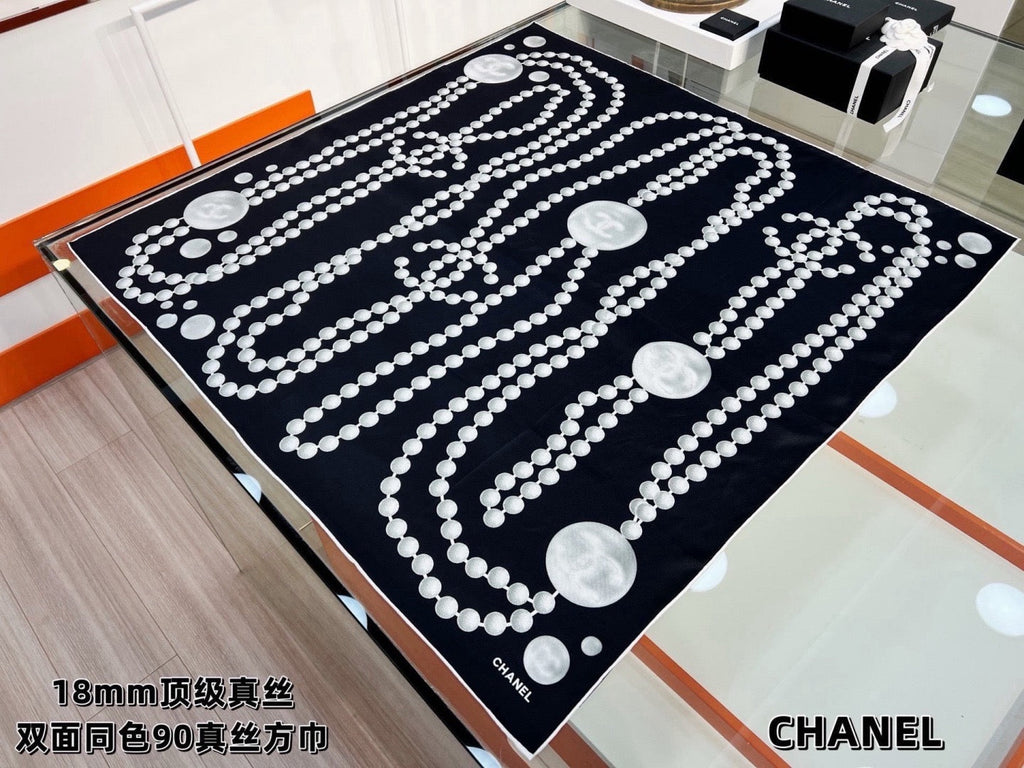 Chanel Style Pearl Motif Silk Scarf - Black White - Detail Image 2