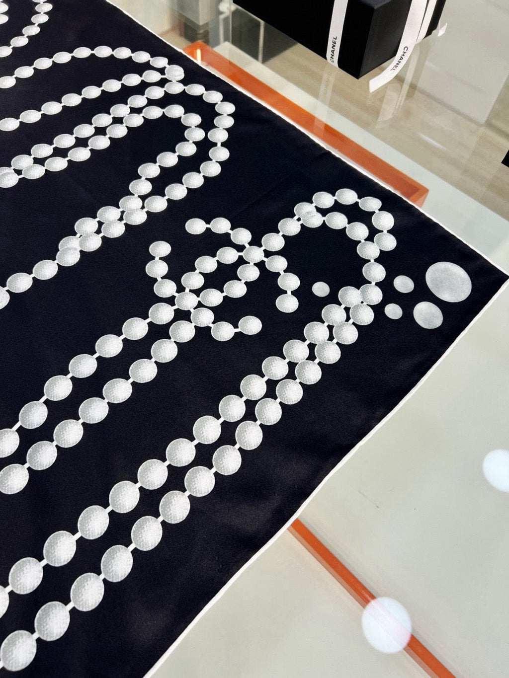 Chanel Style Pearl Motif Silk Scarf - Black White - Detail Image 4