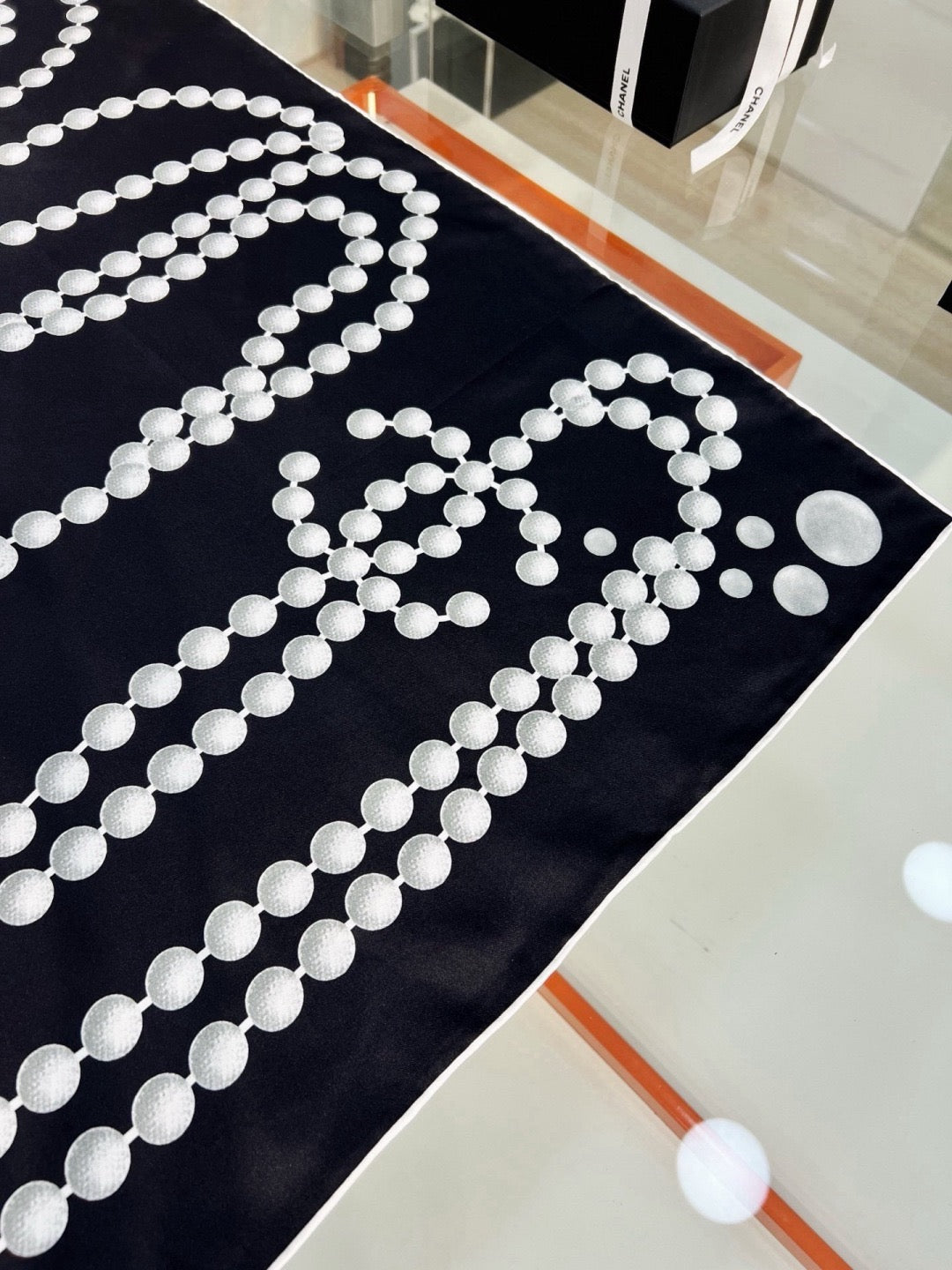 Chanel Style Pearl Motif Silk Scarf - Black White - Detail Image 4