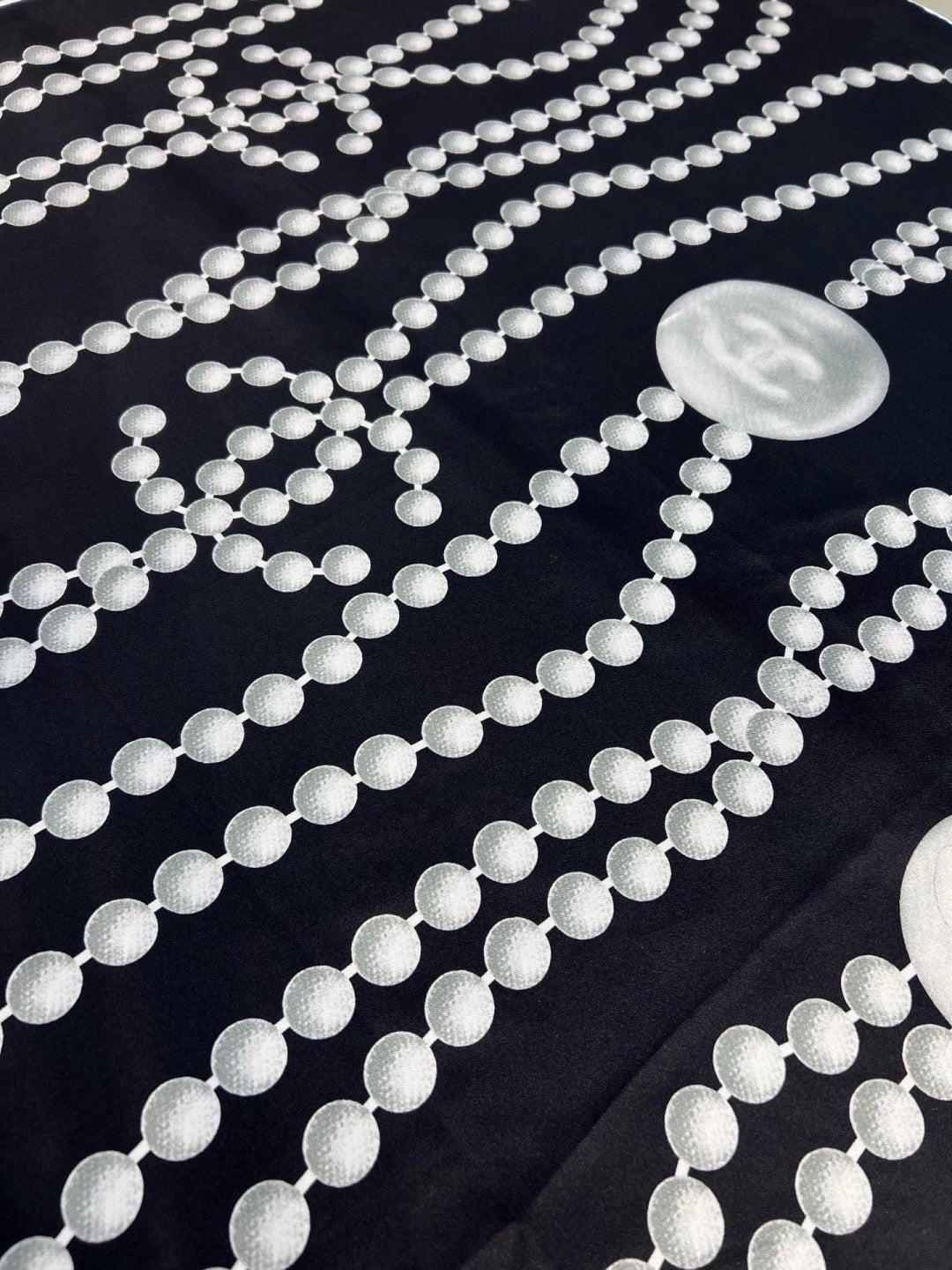 Chanel Style Pearl Motif Silk Scarf - Black White - Detail Image 6