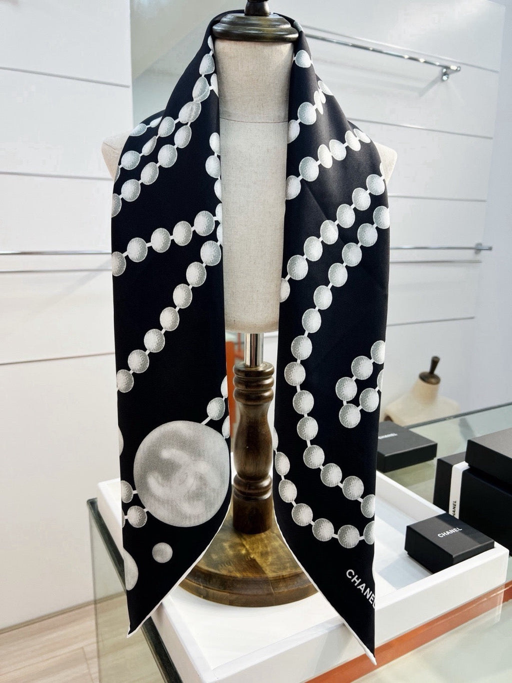 Chanel Style Pearl Motif Silk Scarf - Black White - Detail Image 7