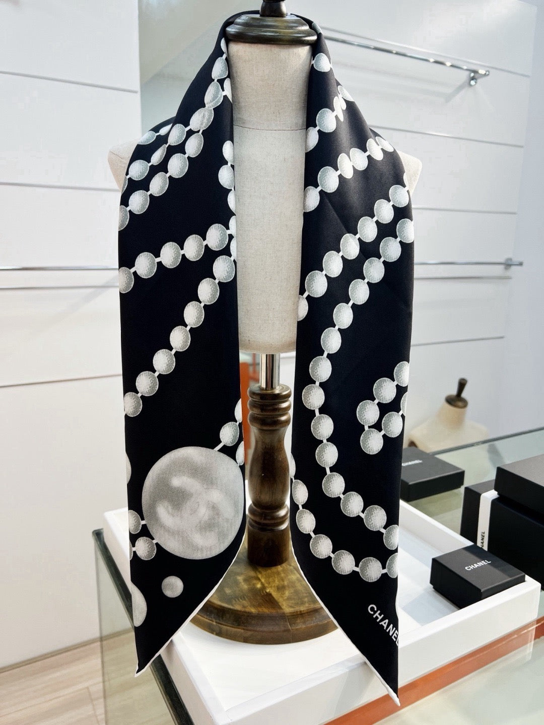Chanel Style Pearl Motif Silk Scarf - Black White - Detail Image 7